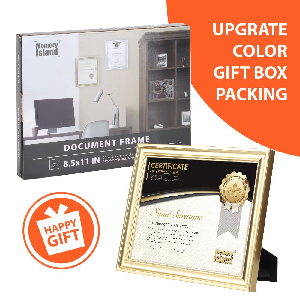 Memory Island 8.5x11 Diploma Document frames,Real Glass Fronts, 4 Pack Gold Certificate Frames for Wall Or Tabletop Display,Dipl